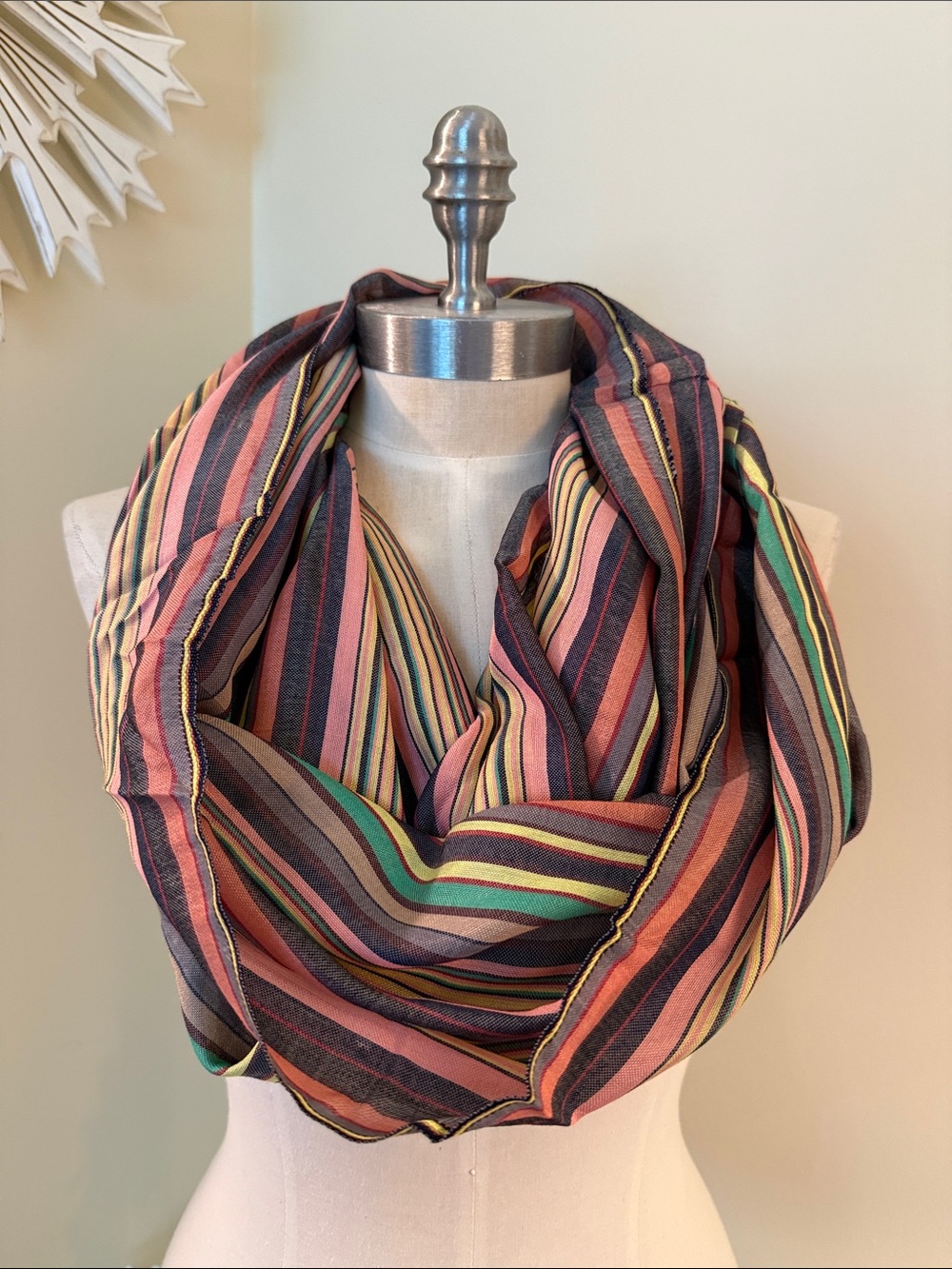 Copper Key Multicolor Striped Infinity Scarf with Pink, Green & Yellow
